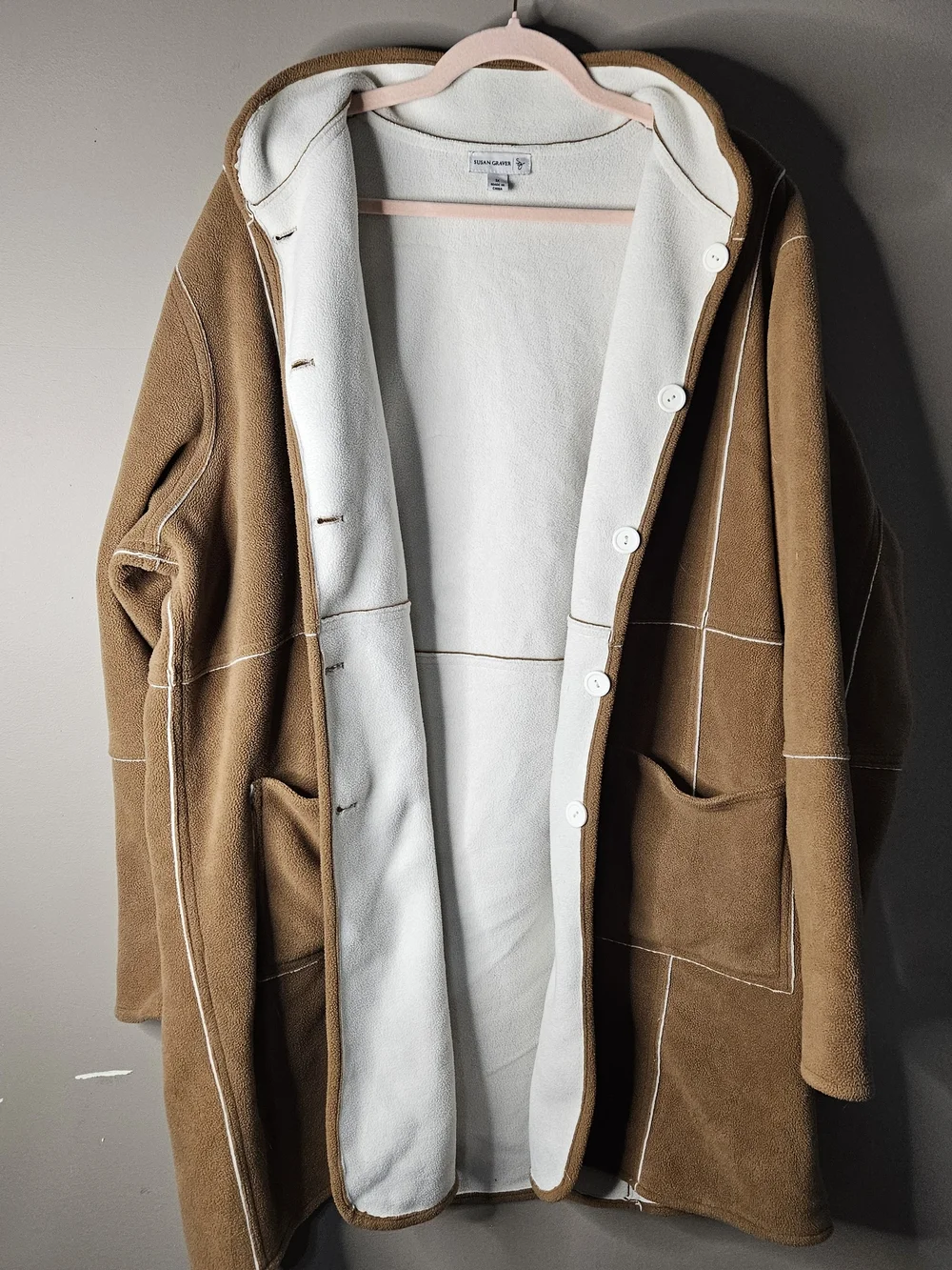 Susan Graver Camel Teddy Jacket with White Stitching - Picture 3 of 7